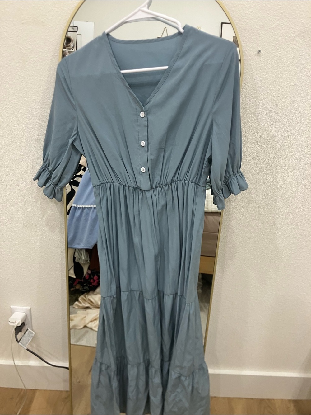 SHEIN Sage Blue Tiered V-Neck Button Front Maxi Dress